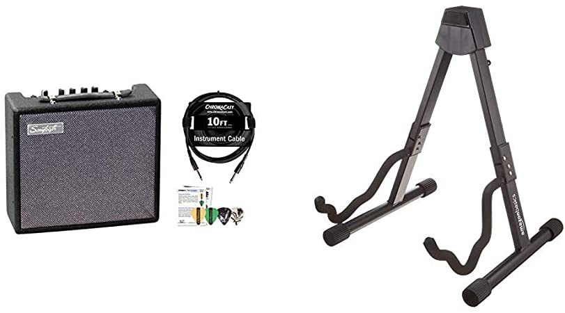 Sawtooth ST-AMP-10-KIT-1ST-AMP-10-KIT-1 10-Watt Electric Guitar Amp with Pro Series Cable and Pick Sampler & Amazon Basics Guitar Folding A-Frame Stand for Acoustic and Electric Guitars