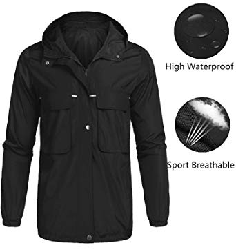poriff Men's Waterproof Lightweight Rain Jacket Active Outdoor Hooded Raincoats