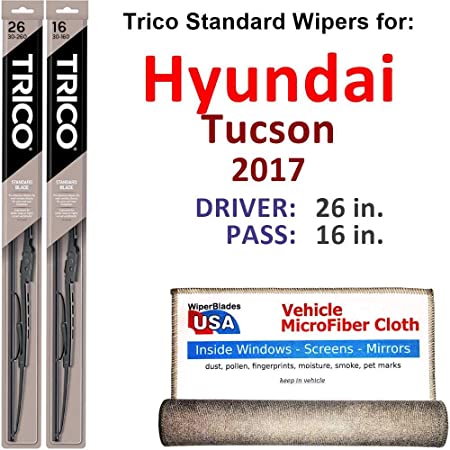 Wiper Blades for 2017 Hyundai Tucson Driver & Passenger Trico Steel Wipers Set of 2 Bundled with Bonus MicroFiber Interior Car Cloth