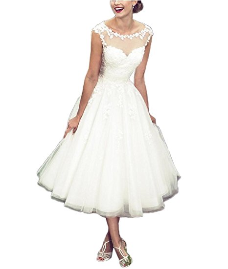 APXPF Womens Elegant Sheer Vintage Tea Length Lace Wedding Dress for Bride