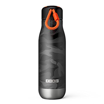 Zoku Stainless Steel Water Bottle; Black Camo Print; 18-Fluid Ounces; Leak-Proof & Spill Proof; Durable Paracord Lanyard Cap, Double-Walled Vacuum Insulated; Large 1-1/2-Inch Diameter Mouth Opening