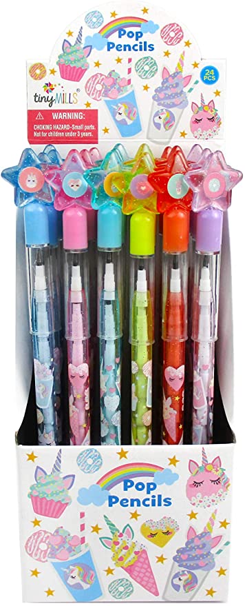 TINYMILLS 24 Pcs Unicorn Donuts Cupcakes Stackable Push Pencil Assortment with Eraser for Unicorn Girl Birthday Party Favor Prize Carnival Goodie Bag Stuffers Classroom Rewards Pinata Fillers