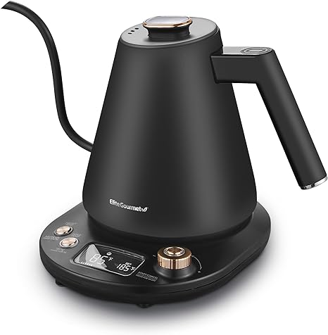 Elite Gourmet EKT3001 1L Digital #304 Stainless Steel Interior Water Kettle, Pre-Programmed Temperatures, Keep Warm, Cordless, 360° Base, 90° Gooseneck Spout, Auto Shut-Off Function, Matte Black