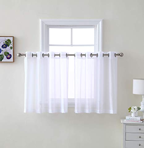 HLC.ME 2 Piece Premium Sheer Voile Window Grommet Short Curtain Café Tier Panels for Bathroom & Kitchen - 54" x 36" inch Long - White