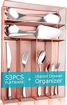 Silverware Set, 53-Piece Flatware Set with Drawer Organizer, Stainless Steel Modern Cutlery Set Gift Service for 8, Including Serving Utensil, Mirror Polished, Dishwasher Safe