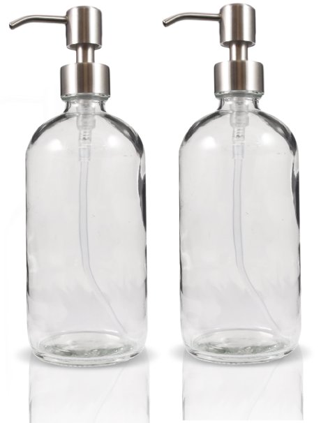 16oz Clear Glass Boston Round Bottles with Stainless Steel Pumps Great As Glass Essential Oil Bottles Glass Lotion Bottles Glass Soap Bottles and More 2 Pack