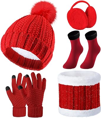 SATINIOR 5 Pcs Winter Hat Scarf Gloves Set Knit Beanie Pompom Hat Warm Touch Screen Gloves Earmuff Warmer Stocking for Women