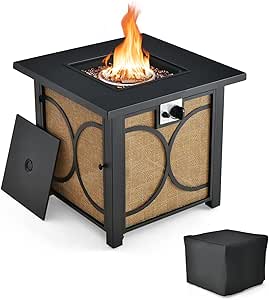 Giantex 28” Outdoor Fire Pit Table - 50,000 BTU Square Metal Fire Table with Lid, PVC Cover, Glass Stones, CSA Approved, 2-in-1 Ignition Propane Gas Fire Table for Outside Patio Garden Backyard Deck