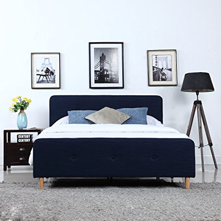 Mid Century Modern Linen Fabric Low Profile Bed Frame (King, Blue)