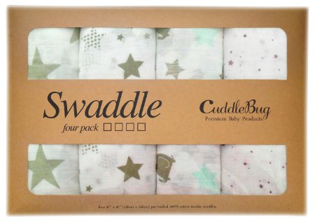 Muslin Baby Swaddle Blankets 4 Pack - CuddleBug 47 inch x 47 inch Large Muslin Swaddles - Best Soft Cotton Muslin Blankets - Best Baby Shower Gift - Perfect for Nursery Sets - Unisex for Boys or Girls - 4 Cute Designs - Lifetime Guarantee Stars
