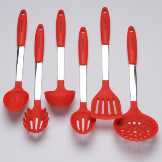 Red Kitchen Utensil Set - Stainless Steel & Silicone Heat Resistant Cooking Tools - Ladle, Spatula, Mixing & Slotted Spoon, Pasta Fork Server, Drainer - Bonus Ebook!