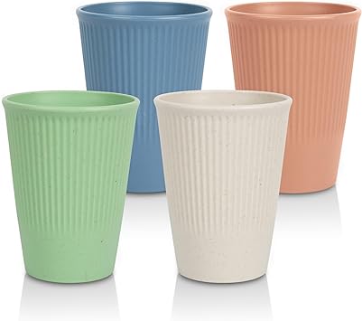 Topsky Wheat Straw Cups,Plastic Water Tumblers Set of 4,12 oz Unbreakable Drinking Cup Reusable Water Glasses with 4 Colourful,for Home Picnic Party, Dishwasher Safe, Stackable