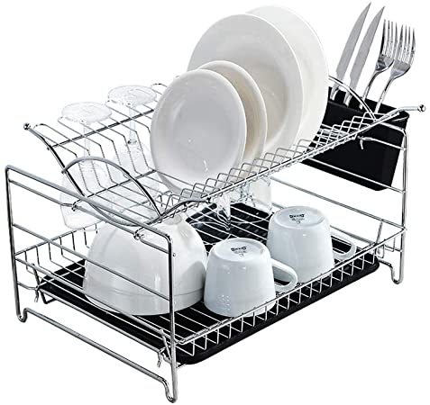 CASILVON Modern 17 x 13 x 11 Inch 2 Tier Kitchen Chrome Dish Rack, Dish Drying Rack with Black Drainboard and Cutlery Cup Utensil Organizer Holder