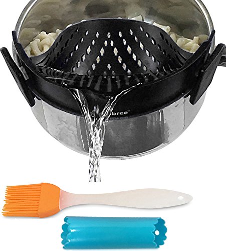 Clip-on kitchen food strainer for spaghetti, pasta, ground beef grease and more, colander and sieve snaps on bowls, pots and pans, Set includes silicone brush & garlic peeler by Salbree, Black