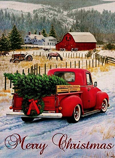 Dyrenson Home Decorative Merry Christmas Garden Flag, Xmas Quote House Yard Flag with Red Truck, Burlap Rustic Winter Garden Yard Decorations, Vintage Seasonal Outdoor Flag 12 x 18 for Holiday