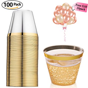 100 Gold Party Cups & 20 Party Balloons - 9 Oz Hard Plastic Cups Old Fashioned Tumblers - Disposable Cups Reusable Cups and 20 Rose Gold & Champagne Balloons for Parties Weddings Graduation Birthday