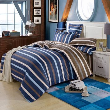 QzzieLife High Quality Microfiber 1500T 4pc Bedding Duvet Cover Sets Striped Ink Blue Brown Size Queen