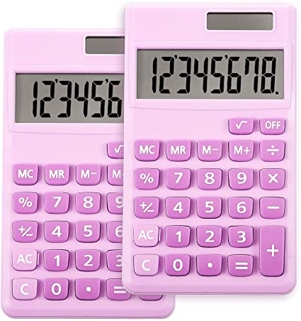 2 Pieces Basic Standard Calculators Mini Digital Desktop Calculator with 8-Digit LCD Display, Battery Solar Power Smart Calculator Pocket Size for Home School for Kids (Purple)