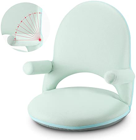 Nnewvante Floor Chair with Back Support and Armrest 42 Angles Adjustable Washable Floor Seat Folding Recliner Cushioned for Adults Kids Classroom Playing, Light Green