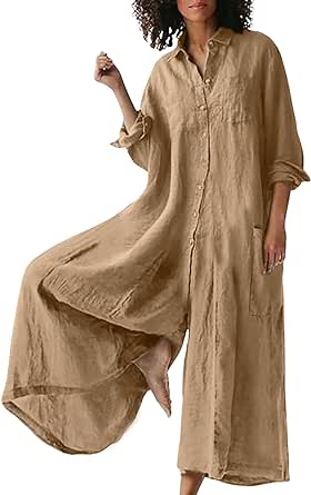 CHARTOU Women Linen Button Down Long Sleeve Wide Leg Jumpsuit Beach Palazzo Pants One Piece Jumpsuit