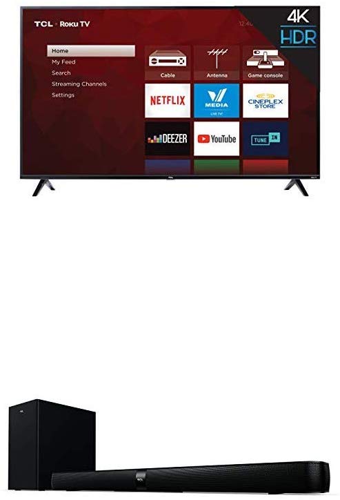TCL 65S425-CA 4K Ultra HD Smart LED Television (2019), 65" Bundle with Alto 7  2.1 Channel Home Theater Sound Bar and Wireless Subwoofer