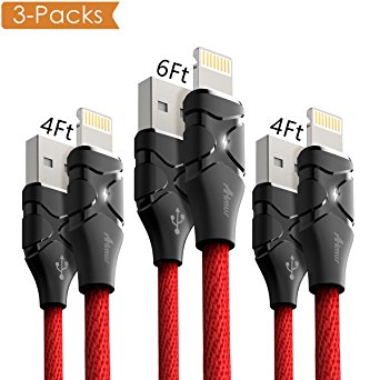 Aimus iPhone Cable [3-Pack] Cotton Braided Lightning Cable, iPhone Charger Charging Cable for iPhone X, 8, 8 Plus, 7, 7 Plus, 6s, 6s Plus, 6, 6 Plus, SE, 5s, 5c, 5, iPad, iPod (4FT 4FT 6FT Red)