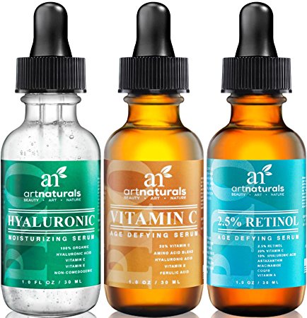 Art Naturals Anti Aging Set: Vitamin C Serum( 1.0 oz), Retinol Serum (1.0 oz) & Hyaluronic Acid Serum (1.0 oz) for Anti Wrinkle and Dark Circle Remover