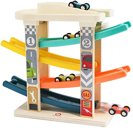 TOP BRIGHT Toddler Toys Wooden Race Track for 1 2 Years Old Boy Gifts - Baby Car Toy Car Ramp Vehicle Playsets with 4 Wooden Cars & Garage