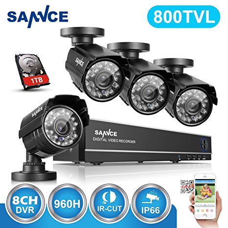 SANNCE 8CH Full 960H CCTV DVR with 1TB Hard Drive   4 Outdoor 800TVL Security Camera System (H.264 Compression, USB Backup,HDMI/VGA/BNC Multi Output, P2P & QR Code Scan Remote Access)