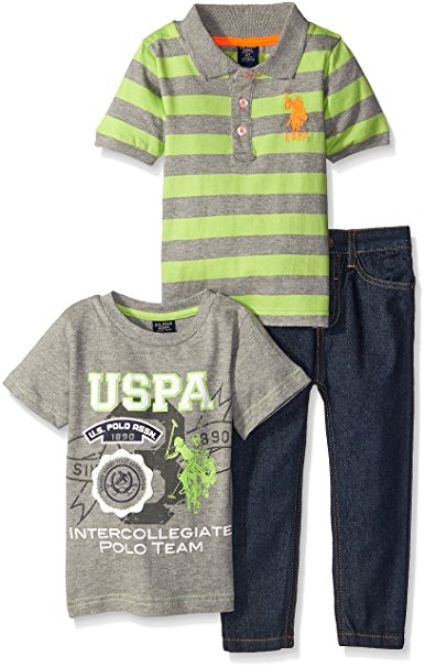 U.S. Polo Assn. Boys' 3 Piece Short Sleeve Striped Polo, T-Shirt, and Denim Jean Set