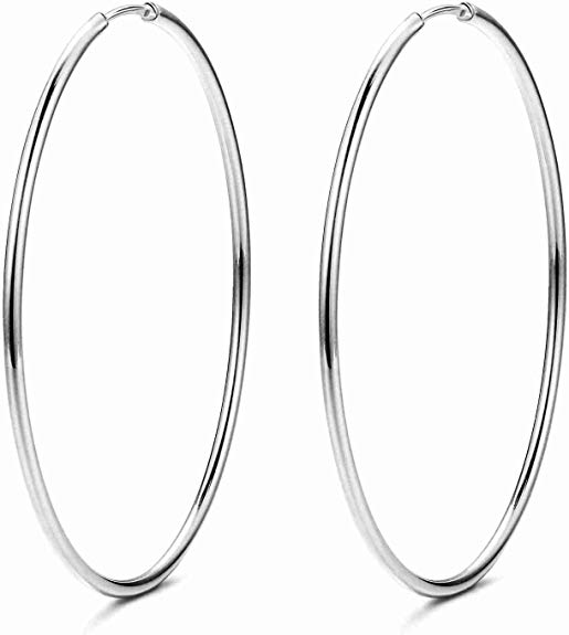 Sllaiss Sterling Silver Large Hoop Earrings for Women White Gold Plated Circle Endless Earrings Hypoallergenic Huggie 40mm 50mm 60mm