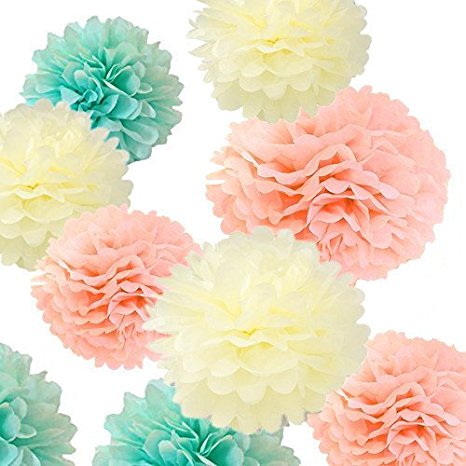 Fonder Mols 12pcs 4 different Sizes 8'' 10'' 12'' 14'' Ivory Peach Mint Party Tissue Pom Poms Flower Party Decorations for Weddings, Birthday, Bridal, Baby Showers Nursery Décor
