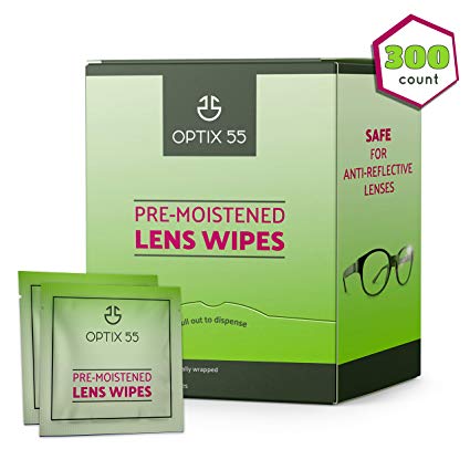 Pre-Moistened Lens Cleaning Wipes - 300 Cloths - Safely Cleans Glasses, Sunglasses, Camera Lenses, and Electronic Quickly and Efficiently - Travel - by Optix 55