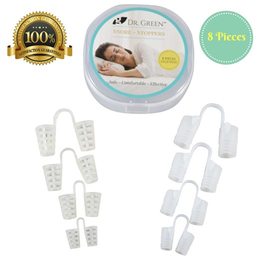Original Dr. Green Snore-Stoppers, Anti Snoring Nose Vents, 8 Piece Set, Different Models and Sizes to Ensure Comfort Fit - Travel Case included