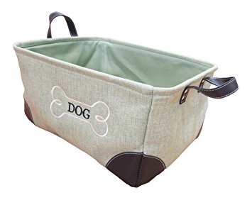 Winifred & Lily Pet Toy and Accessory Storage Bin, Organizer Storage Basket for Pet Toys, Blankets, Leashes and Food in embroidered “Dog”, Beige