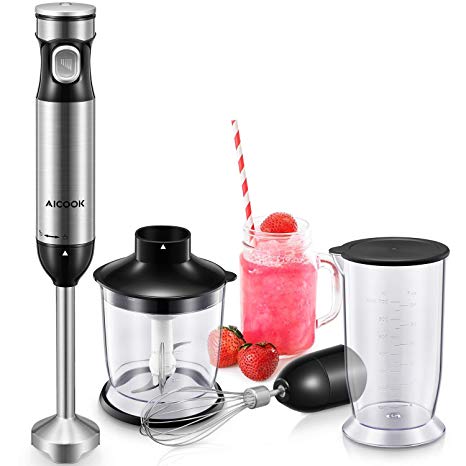 Immersion Blender Ultra-Quick 6-Smart Stepless Speed Hand Blender, Aicook 800 Watt Mixer Includes Food Processor, BPA-Free Beaker and Egg Whisk, Safety Lock Protection, Stainless Steel