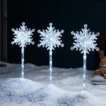 Lights4fun, Inc. Set of 3 Snowflake Cool White LED Outdoor Christmas Holiday Pathway Markers