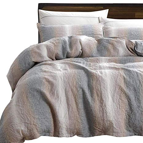 NTBAY 3 Pieces Duvet Cover Set 100% French Linen with Hidden Tie Closure, Durable and Breathable, Camel and Grey, Queen Size