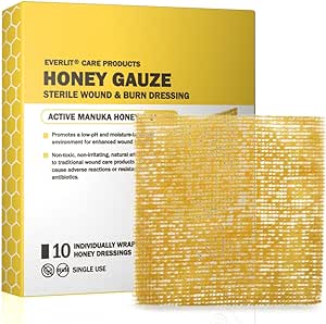 Everlit Care Honey Gauze - Medical Grade Manuka Honey Patches for Cuts, Skin Tears, Burns | Sterile Wound Care Burn Dressing 4" x 4" (Pack of 10)