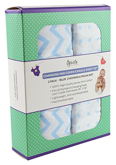 Changing Pad Cover Set , Cradle Sheet 2 Pack 100% Jersey Cotton for Baby Boy Blue Chevron and Polka Dots by Ely's & Co.