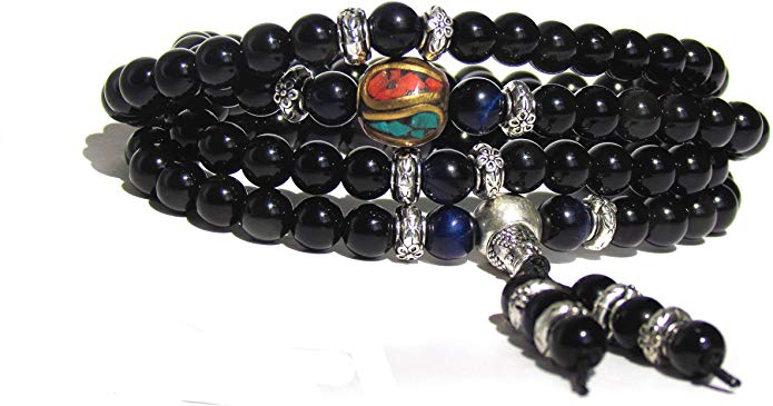 Om Shanti Crafts Mala Beads Stretch Bracelet Black Obsidian & Tiger Stone, Buddhist Prayer Beads, Yoga Bracelets, Wear for Daily Meditation & Spiritual Growth, 6mm Meditation Beads, Unisex