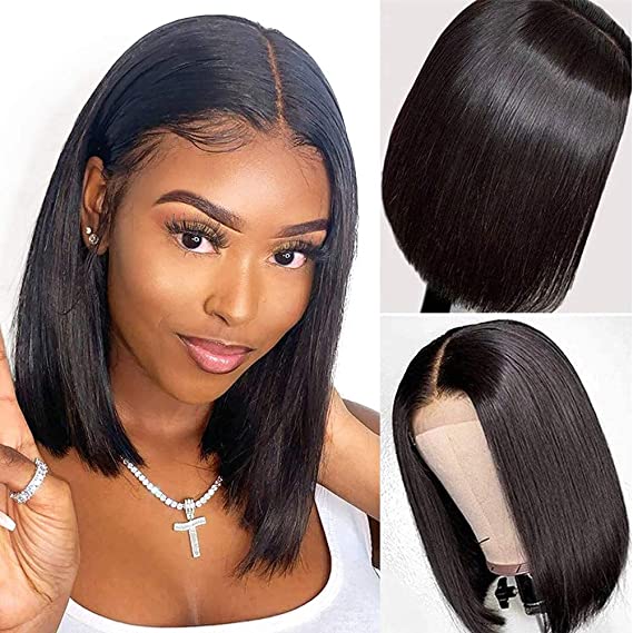 BLISSHAIR T-Part Lace Front Wigs Short Bob Wig Straight Brazilian Virgin Human Hair Wigs 4X1 Lace Closure Wig For Black Women 150% Density Bob Wig with Baby Hair Natural Color(12 Inch)