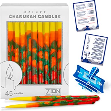 Deluxe Chanukah Candle set 45 Hand Made Thin Long Decorative Hanukkah Candles for Menorah - Blaze of Fire Includes Prayer Card and DIY Dreidel - Décor Candles For Parties, Celebrations By Zion Judaica