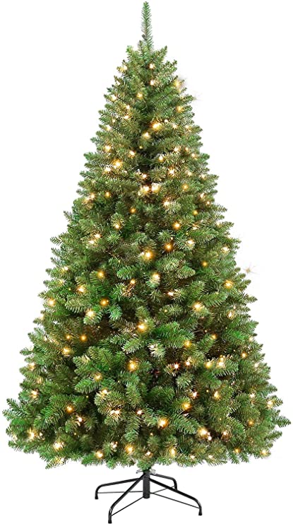 Hykolity 6.5 ft Prelit Christmas Tree, Artificial Christmas Tree with 350 Warm White Lights, 1100 Tips, Metal Stand and Hinged Branches