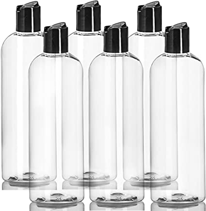 ljdeals 16 oz Clear Plastic Bottles with Black Disc Top Caps, Squeezable Refillable Containers for Shampoo, Lotions, Cream and more Pack of 6, BPA Free, Made in USA