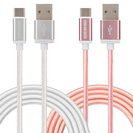 USB Type C Cable, ESEEKGO 2 Pack 10Ft Oneplus 3 Cable Charger Dirtproof Braided Charging Cable for Huawei P9 LG G5 Google Pixel (3M/10FT White Pink)