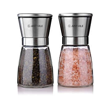 JustNile Professional│Clear Glass│Stainless Steel Upper Casing│Salt & Pepper Mill Shaker Set│Manual│Ceramic Grinder│Adjustable Coarseness│Pack of 2