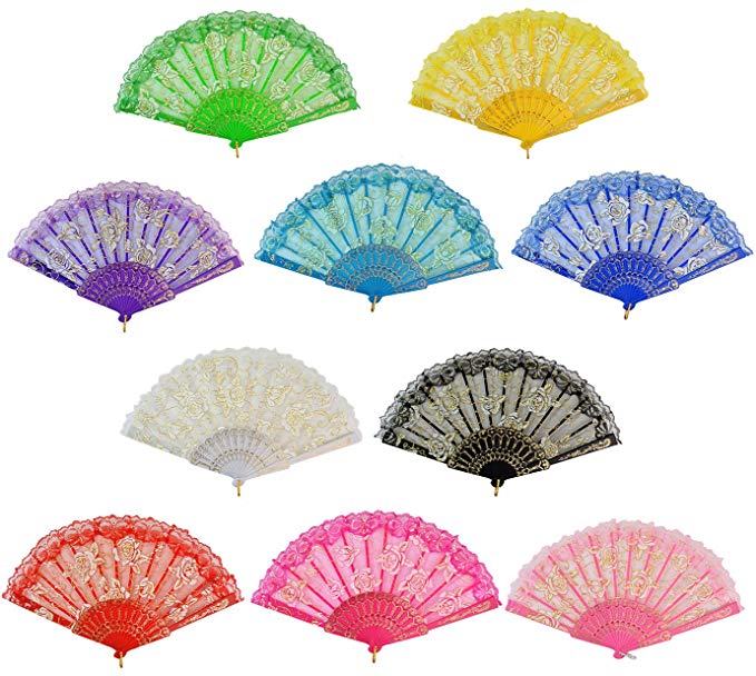 Rbenxia Elegant Rose Lace Floral Folding Hand Fans 9 Inch 10 Pieces Random Color Suitable for Wedding Dancing Church Party Gifts