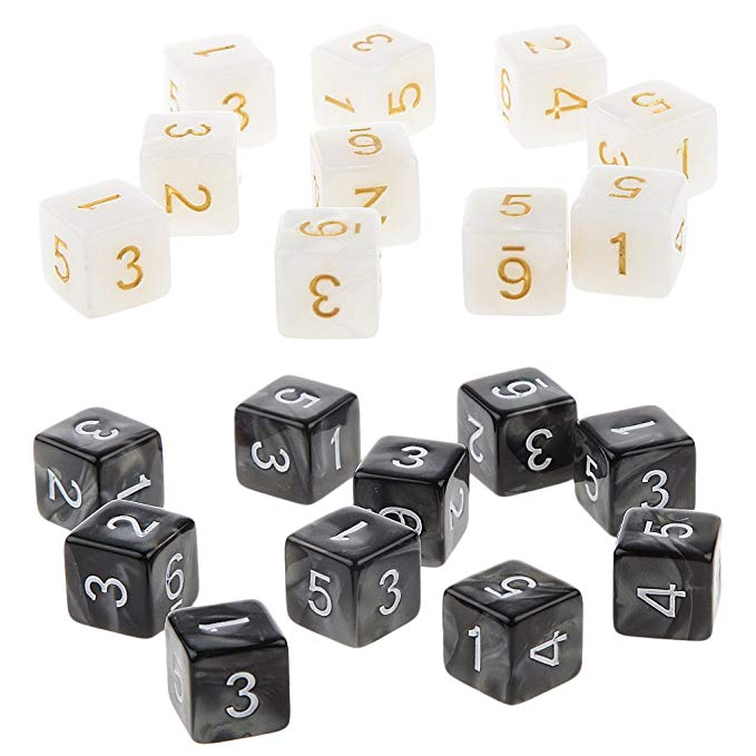 MonkeyJack 20Pcs Opaque Dice Set D6 Six Sided TRPG Die Square Black & White for Dungeons & Dragon Toy