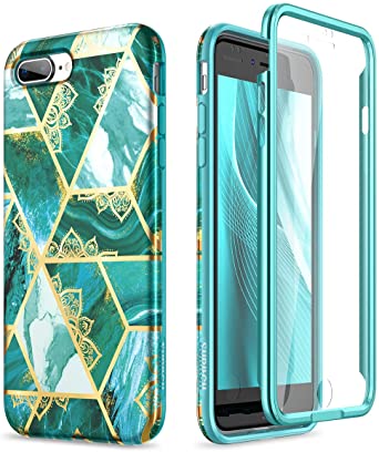 SURITCH Case for iPhone 7 Plus/iPhone 8 Plus,[Built-in Screen Protector] Gold Mandala Floral Full-Body Soft Rugged Bumper Shockproof Protective Cover for iPhone 7Plus/iPhone 8Plus 5.5"-Green Marble